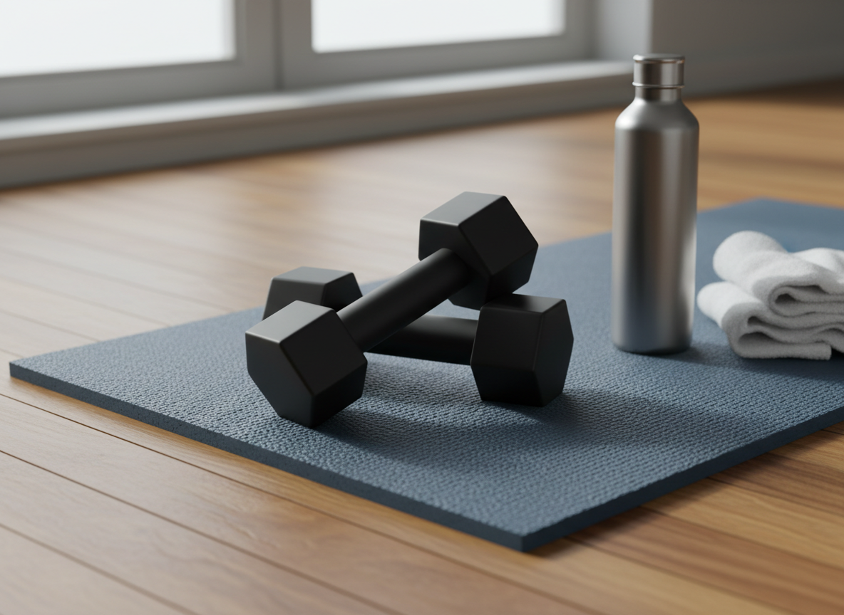 A pair of minimalist matte-black dumbbells resting on a textured, slate-blue exercise mat, positioned diagonally across the frame on a warm-toned hardwood floor. Beside them lies a stainless-steel insulated water bottle with a brushed finish and a neatly folded white cotton towel. Gentle morning light enters from the left, casting defined yet soft shadows that emphasize form and shape. Photographic realism, captured from a low, three-quarter angle with a shallow depth of field, subtly blurring the far edge of the mat. The atmosphere is disciplined, strong, and inviting, suggesting sustainable, daily strength training as part of a well-rounded wellness routine.