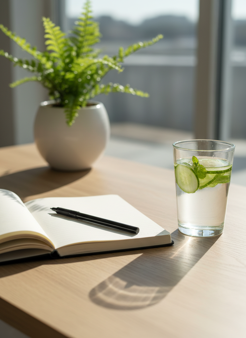 A neatly arranged wellness workspace featuring an open, linen-textured journal with a fine-tip pen resting across its pages, beside a clear glass of infused water with floating cucumber slices and mint leaves. Everything sits on a light oak desktop with a subtle grain, near a large window. Soft morning sunlight washes across the scene, creating gentle highlights on the glass and delicate shadows from the pen. In the softly blurred background, a ceramic pot holds a thriving green plant. Photographic realism, eye-level composition with shallow depth of field, clean and modern aesthetic. The mood is calm, focused, and professional, suggesting daily intention-setting and healthy routines.