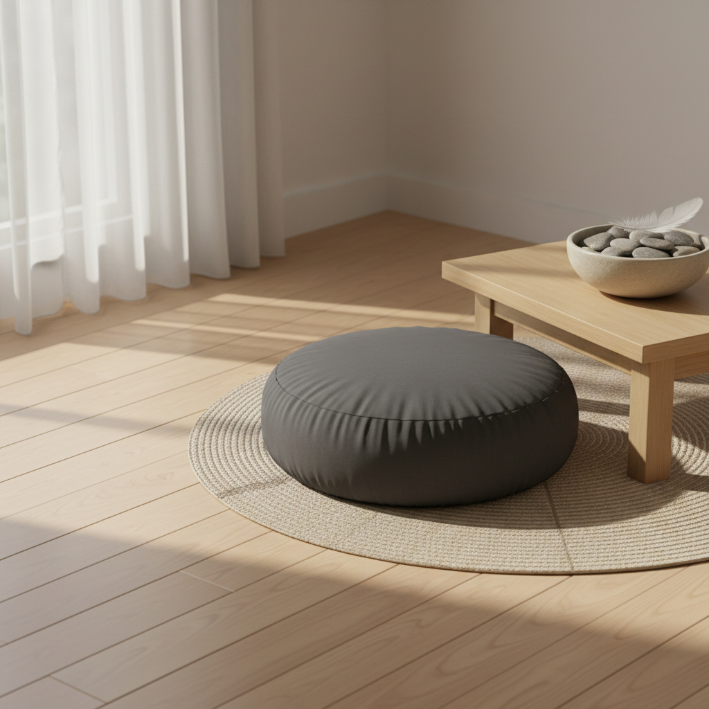A serene home wellness corner arranged on smooth, pale wood flooring with a charcoal-gray meditation cushion centered on a woven natural-fiber mat. Beside it, a small low table holds a simple sand-colored ceramic bowl filled with polished river stones and a single white feather. Diffused afternoon light filters through sheer white curtains, casting soft, elongated shadows and a peaceful glow across the space. Photographic realism, slightly elevated angle using the rule of thirds to emphasize open space and simplicity. The atmosphere is tranquil and grounding, with a minimalist, professional aesthetic that invites quiet reflection and daily mindful practice.