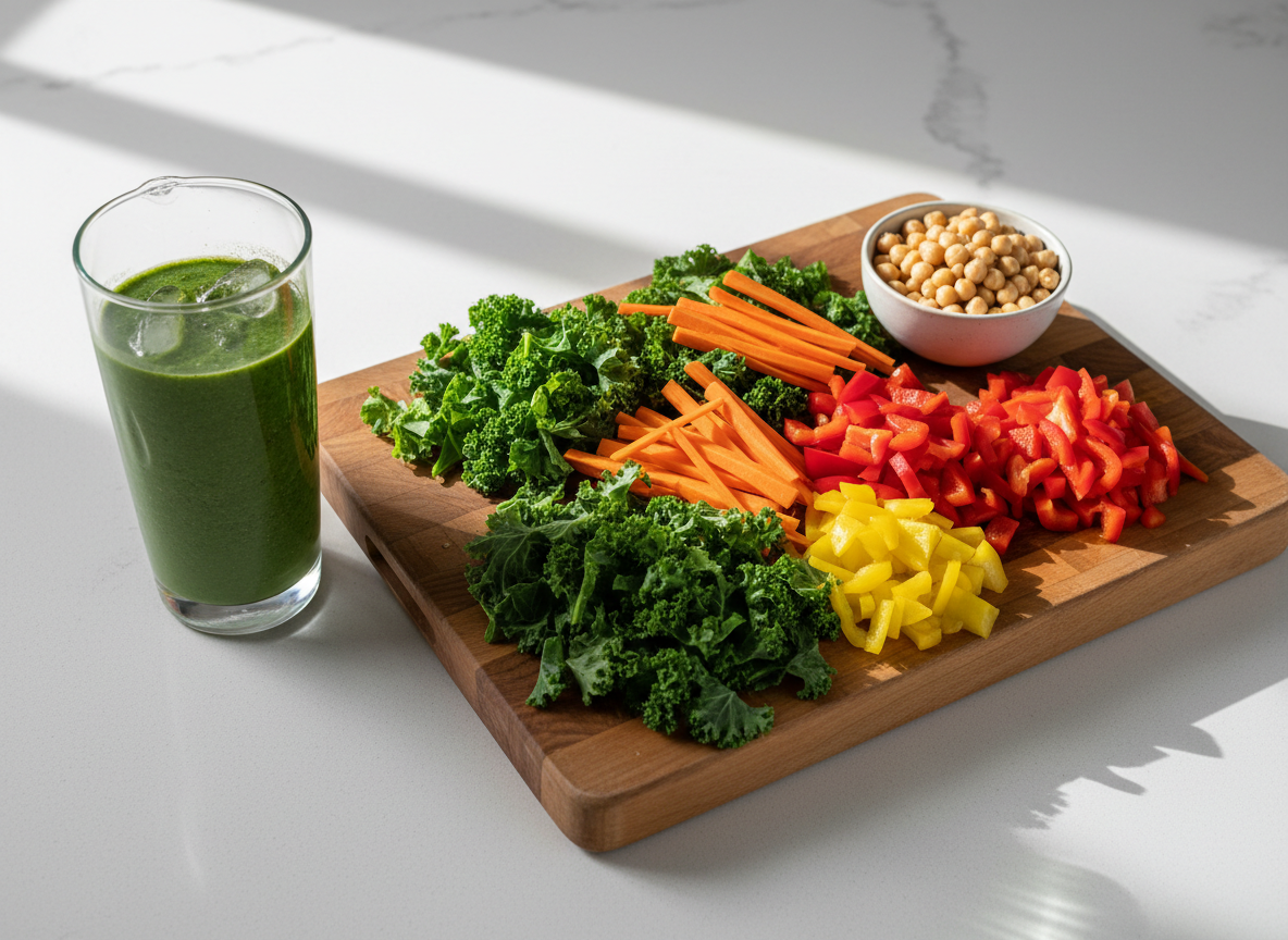 A vibrant, organized kitchen countertop scene with a sturdy wooden cutting board covered in colorful, freshly chopped vegetables: deep green kale, bright orange carrots, crimson peppers, and pale chickpeas in a small white bowl. A sleek glass blender jar sits nearby, half-filled with a vivid green smoothie mixture. The counter is a smooth, light quartz surface beneath cool, indirect daylight streaming from an unseen window, creating crisp yet soft shadows. Photographic realism, shot from a slightly overhead angle with sharp focus throughout. The mood is energetic yet clean and deliberate, reflecting a professional, health-forward approach to everyday nourishment and meal prep.
