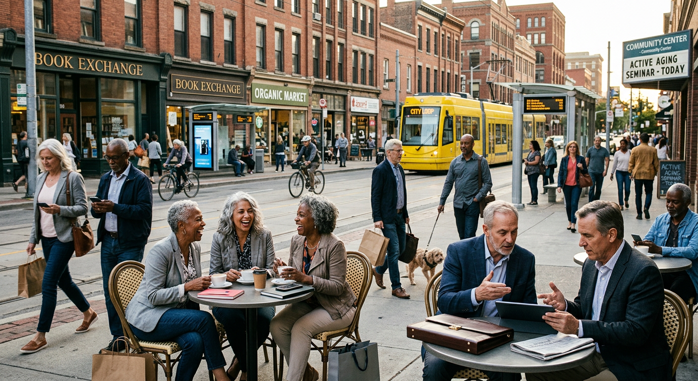 Outdoor city café with diverse crowd Group of diverse middle-aged and older adults socializing and working at outdoor café tables on a city sidewalk with pedestrians, cyclists, and a yellow tram in the background.