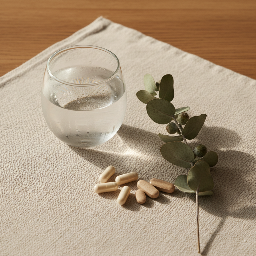 A soft, warm wellness flat lay with a small glass of water, a few natural supplements or vitamins, and a sprig of eucalyptus on a light linen surface. Neutral tones — cream, warm beige, sage green. Minimal, clean, natural light from the side. Shot from above, square composition. Complementary to a minimal meditation room aesthetic with warm wood tones.
